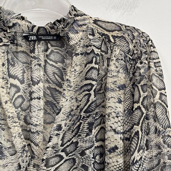 Zara Snake Print Blouse XS Sheer Chiffon V Neck Bling Cuff Button Work Sexy Top - Picture 3 of 14